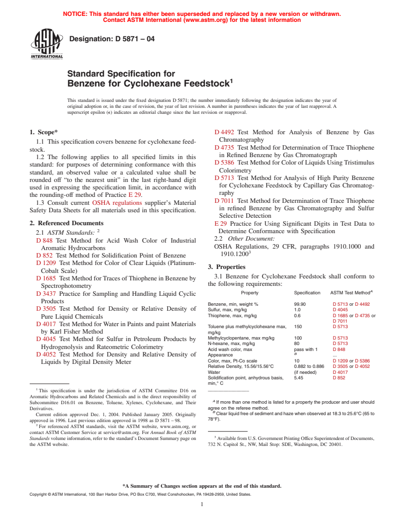 ASTM D5871-04 - Standard Specification for Benzene for Cyclohexane Feedstock