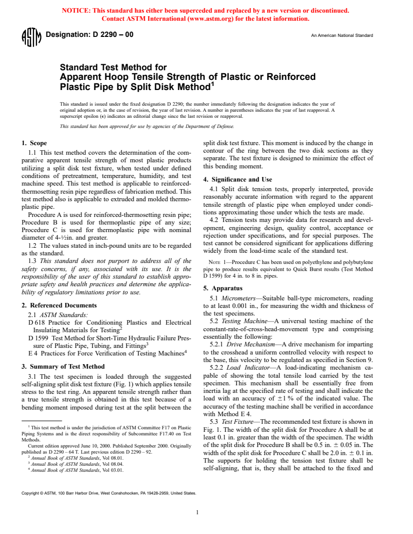 ASTM D2290-00 - Standard Test Method for Apparent Hoop Tensile Strength of Plastic or Reinforced Plastic Pipe by Split Disk Method