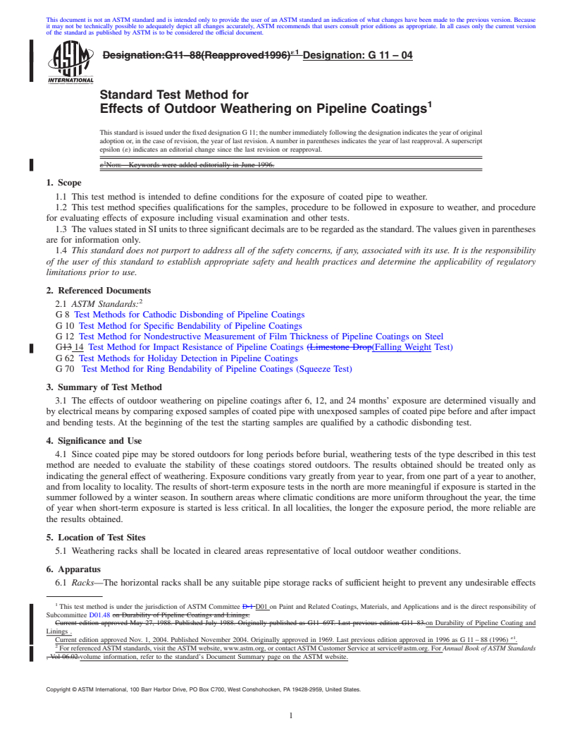 REDLINE ASTM G11-04 - Standard Test Method for Effects of Outdoor Weathering on Pipeline Coatings