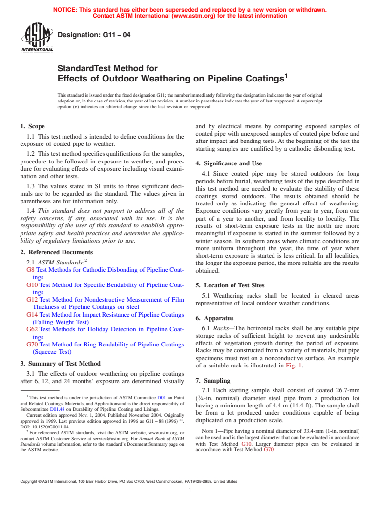 ASTM G11-04 - Standard Test Method for Effects of Outdoor Weathering on Pipeline Coatings