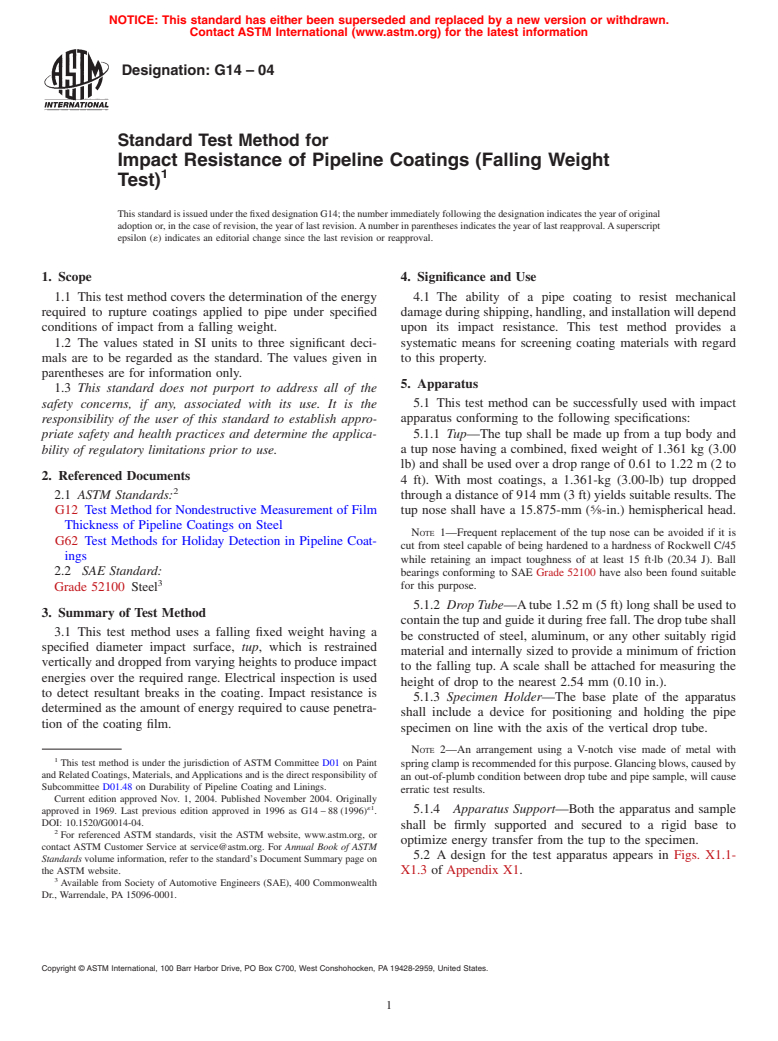 ASTM G14-04 - Standard Test Method for Impact Resistance of Pipeline Coatings (Falling Weight Test)