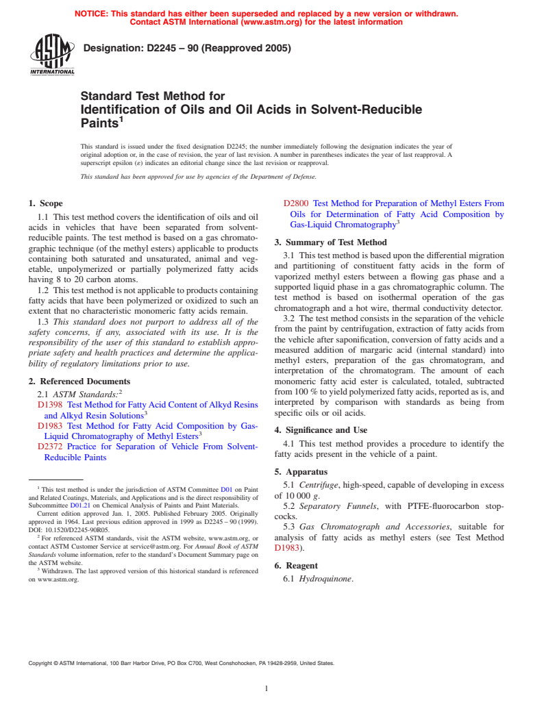 ASTM D2245-90(2005) - Standard Test Method for Identification of Oils and Oil Acids in Solvent-Reducible Paints