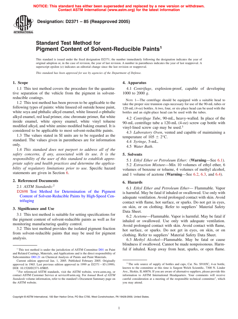 ASTM D2371-85(2005) - Standard Test Method for Pigment Content of Solvent-Reducible Paints