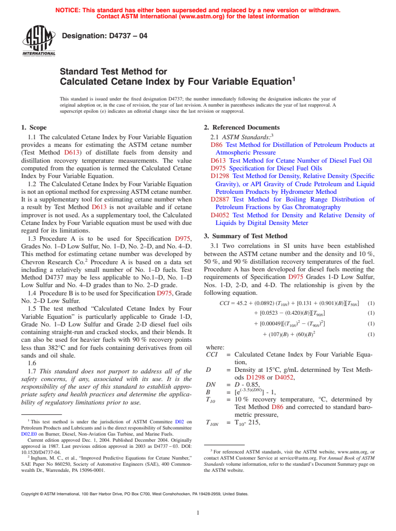 ASTM D4737-04 - Standard Test Method for Calculated Cetane Index by Four Variable Equation