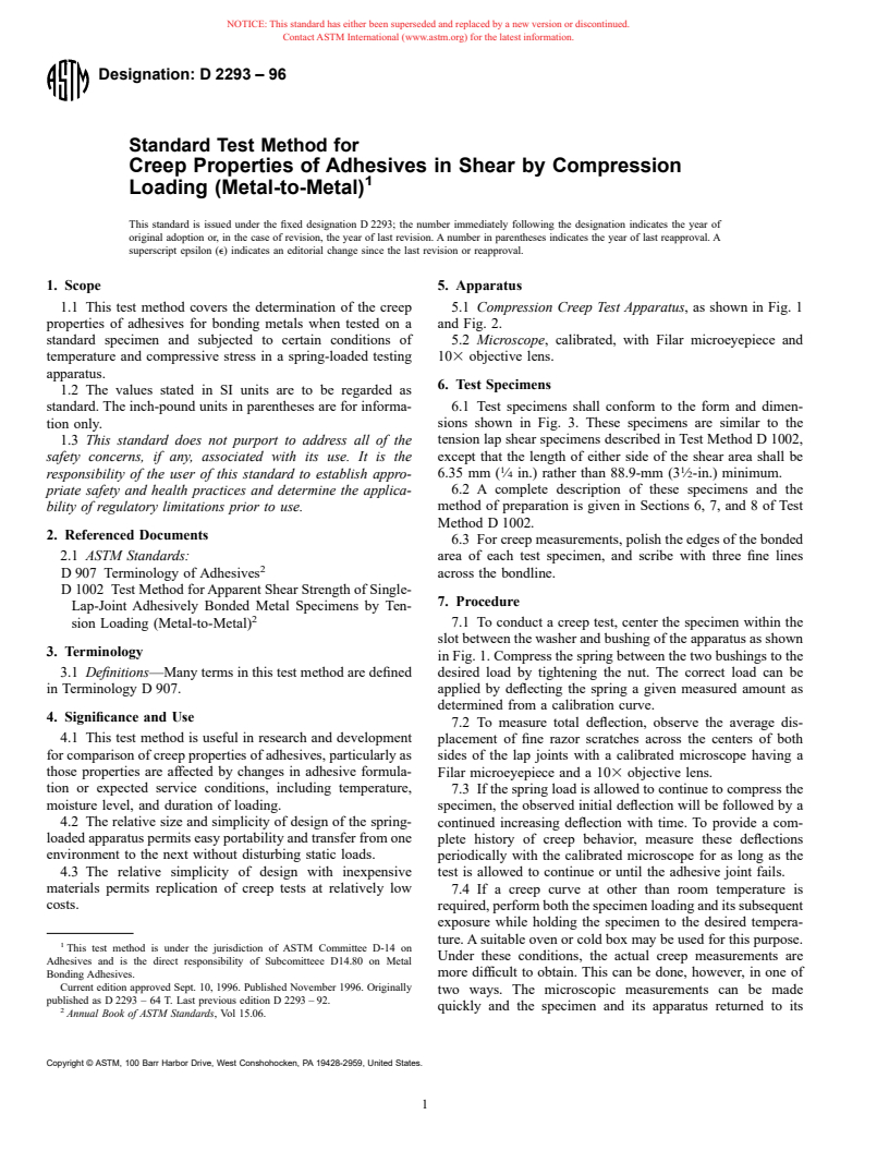 ASTM D2293-96 - Standard Test Method for Creep Properties of Adhesives in Shear by Compression Loading (Metal-to-Metal)