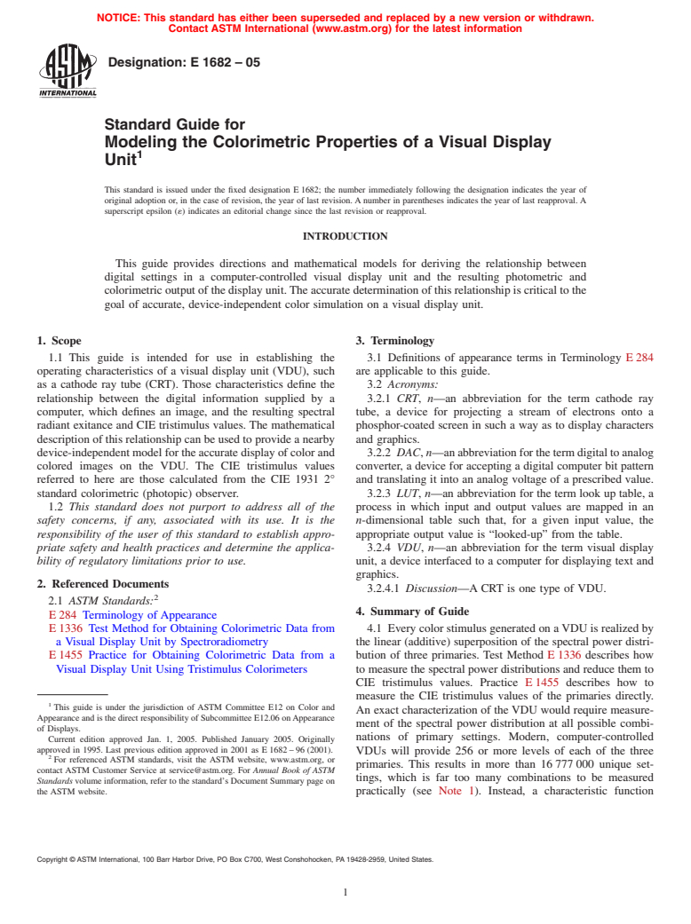 ASTM E1682-05 - Standard Guide for Modeling the Colorimetric Properties of a Visual Display Unit