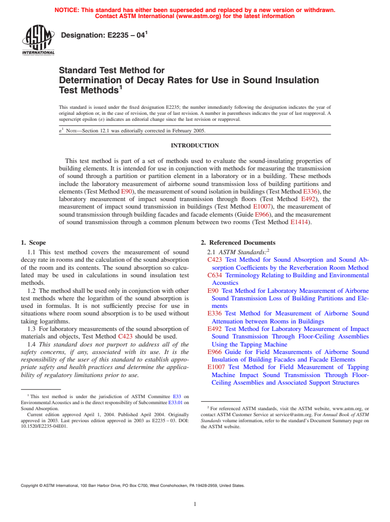 ASTM E2235-04e1 - Standard Test Method for Determination of Decay Rates for Use in Sound Insulation Test Methods