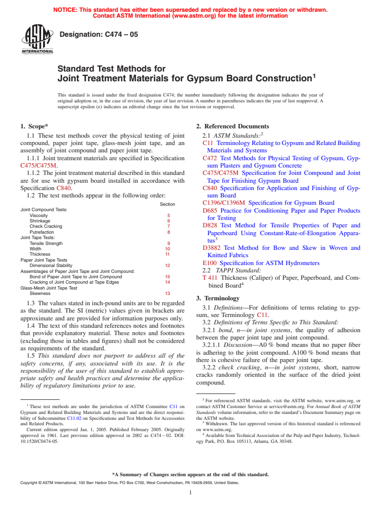 ASTM C474-05 - Standard Test Methods for Joint Treatment Materials for Gypsum Board Construction