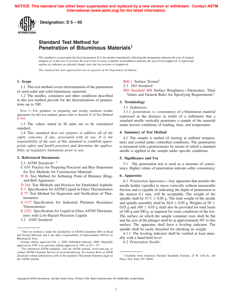 ASTM D5-05 - Standard Test Method for Penetration of Bituminous Materials