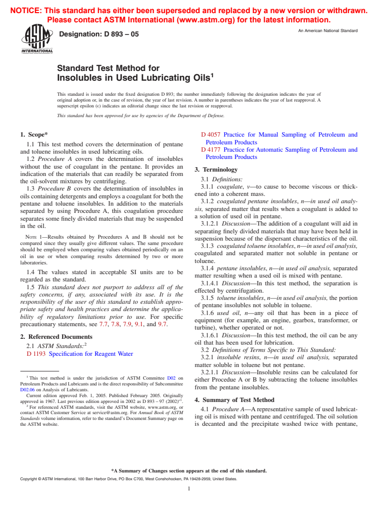 ASTM D893-05 - Standard Test Method for Insolubles In Used Lubricating Oils