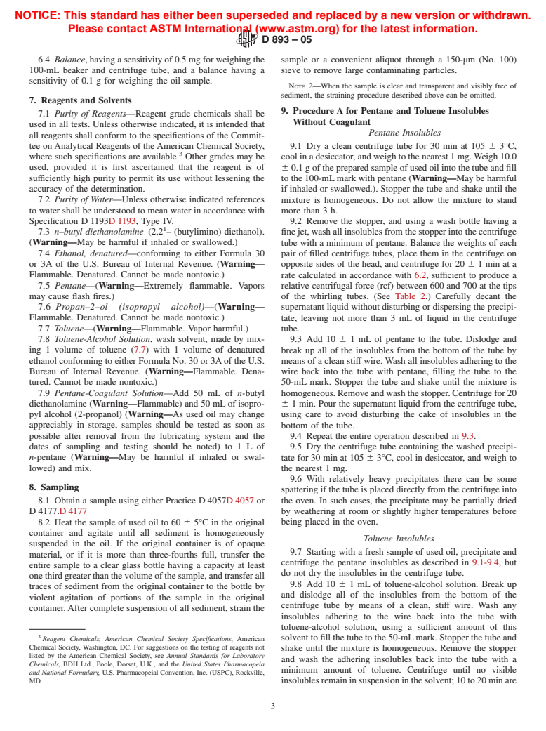 ASTM D893-05 - Standard Test Method for Insolubles In Used Lubricating Oils