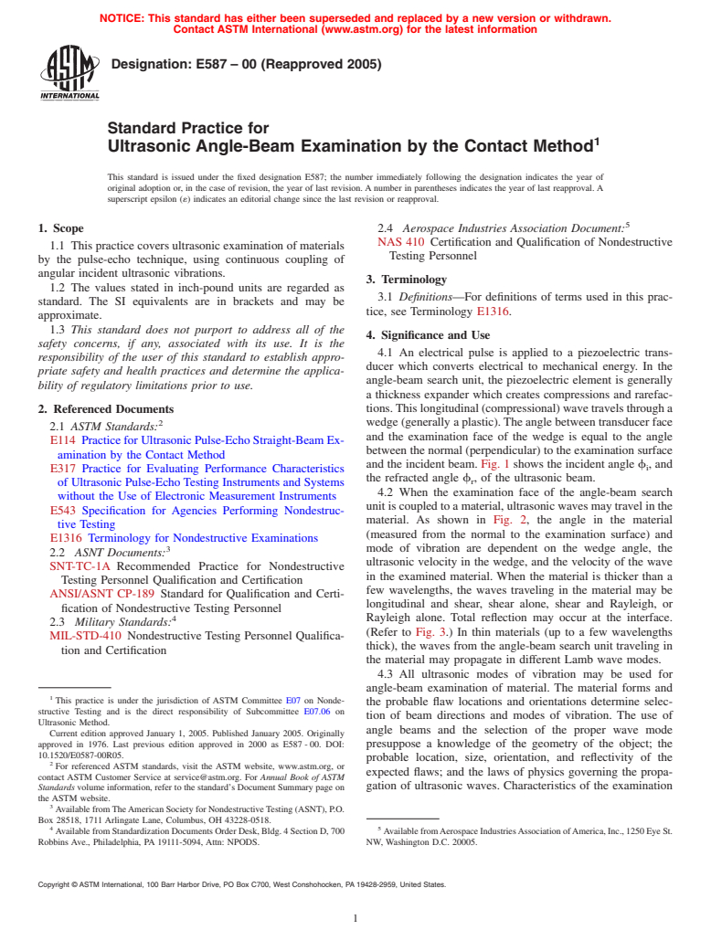 ASTM E587-00(2005) - Standard Practice for Ultrasonic Angle-Beam Examination by the Contact Method