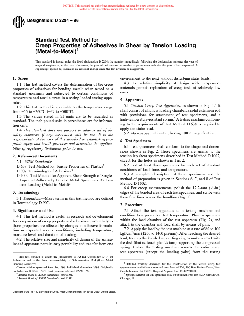 ASTM D2294-96 - Standard Test Method for Creep Properties of Adhesives in Shear by Tension Loading (Metal-to-Metal)