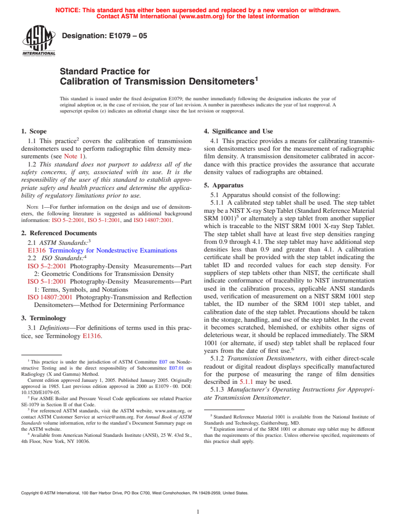 ASTM E1079-05 - Standard Practice for Calibration of Transmission Densitometers