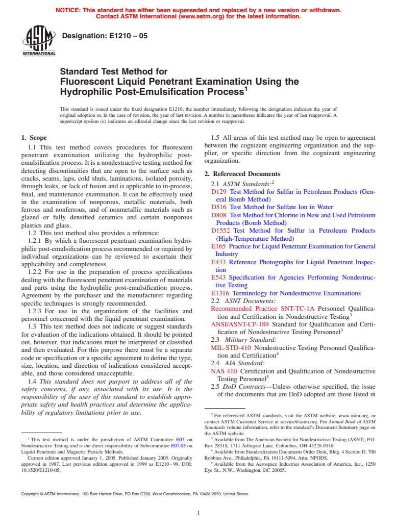 ASTM E1210-05 - Standard Test Method for Fluorescent Liquid Penetrant Examination Using the Hydrophilic Post-Emulsification Process