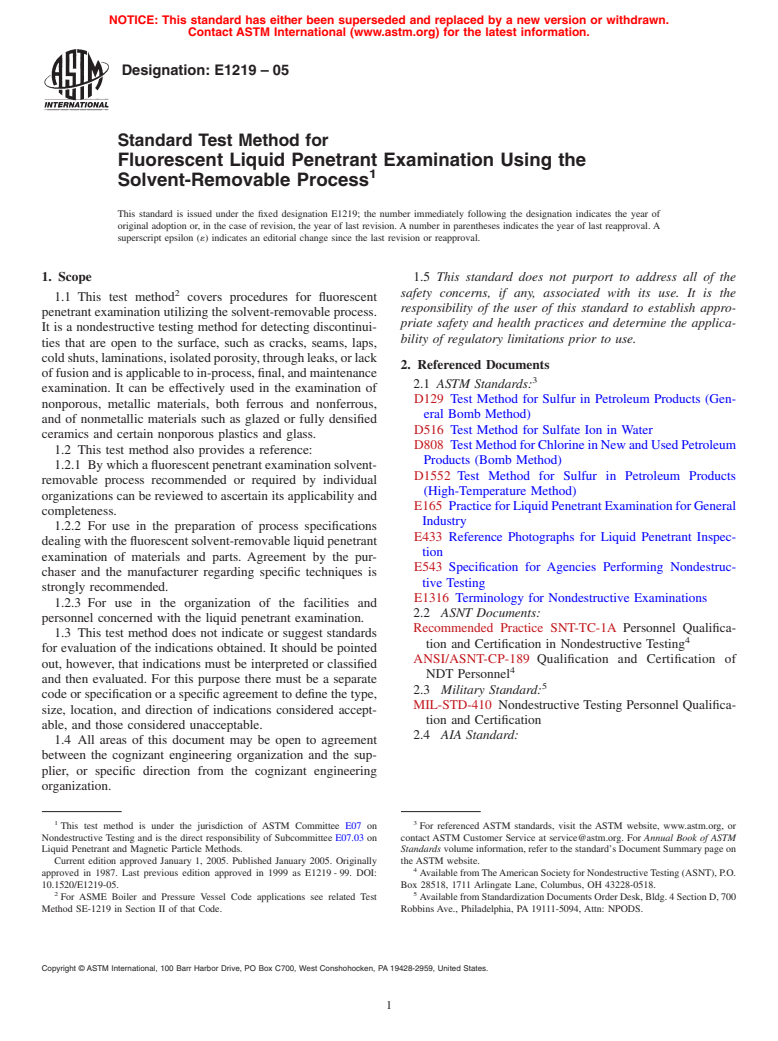 ASTM E1219-05 - Standard Test Method for Fluorescent Liquid Penetrant Examination Using the Solvent-Removable Process