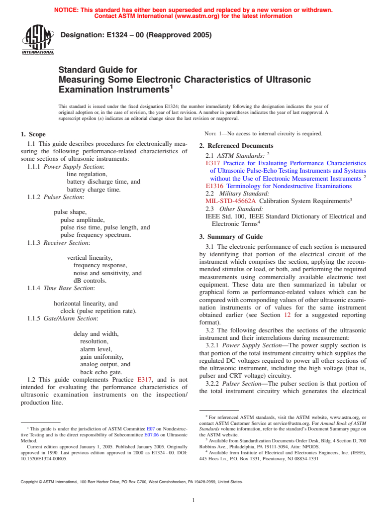 ASTM E1324-00(2005) - Standard Guide for Measuring Some Electronic Characteristics of Ultrasonic Examination Instruments