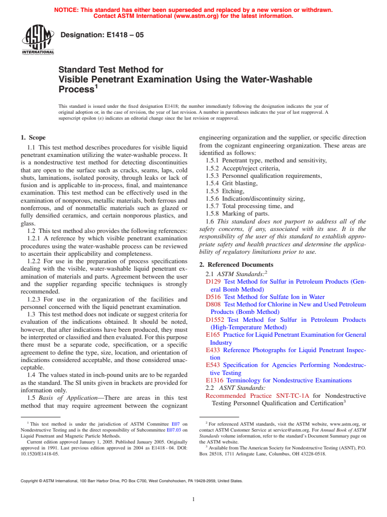 ASTM E1418-05 - Standard Test Method for Visible Penetrant Examination Using the Water-Washable Process