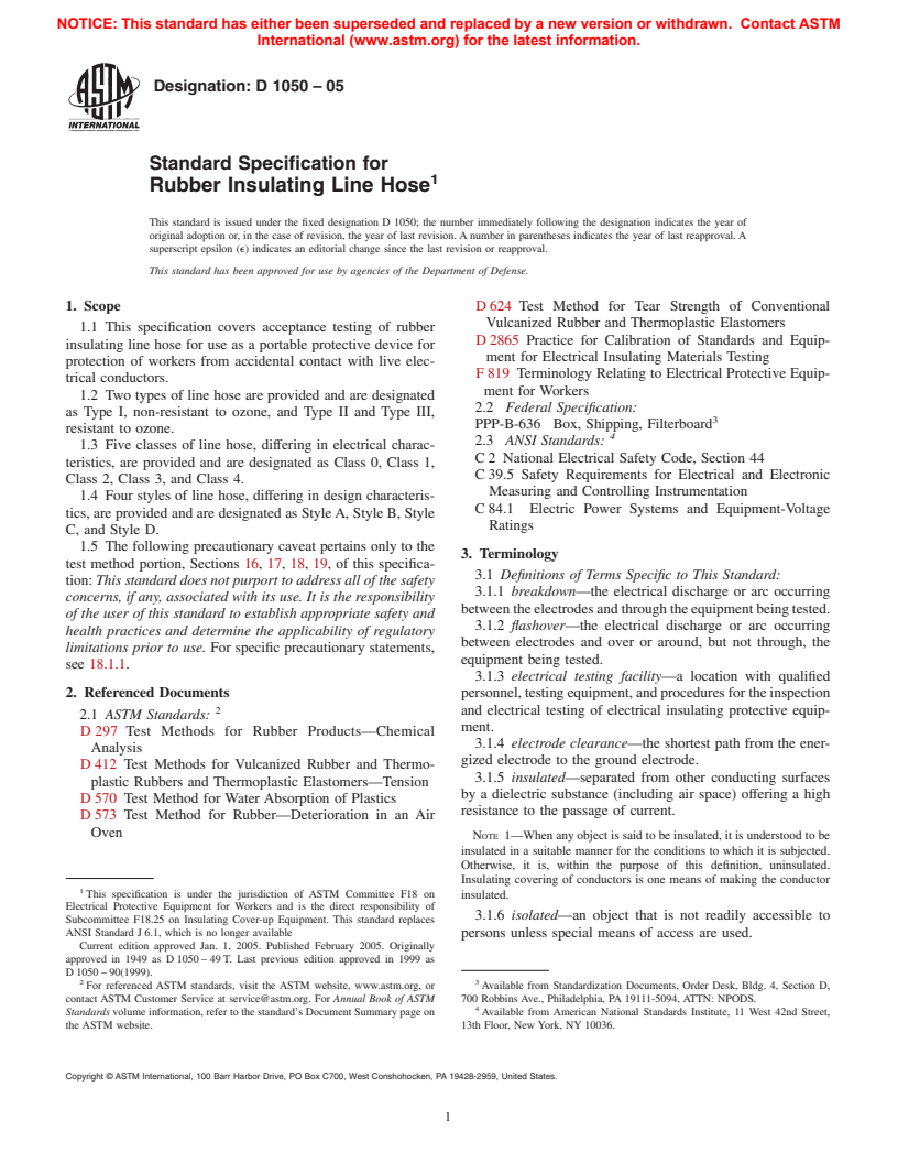 ASTM D1050-05 - Standard Specification for Rubber Insulating Line Hose