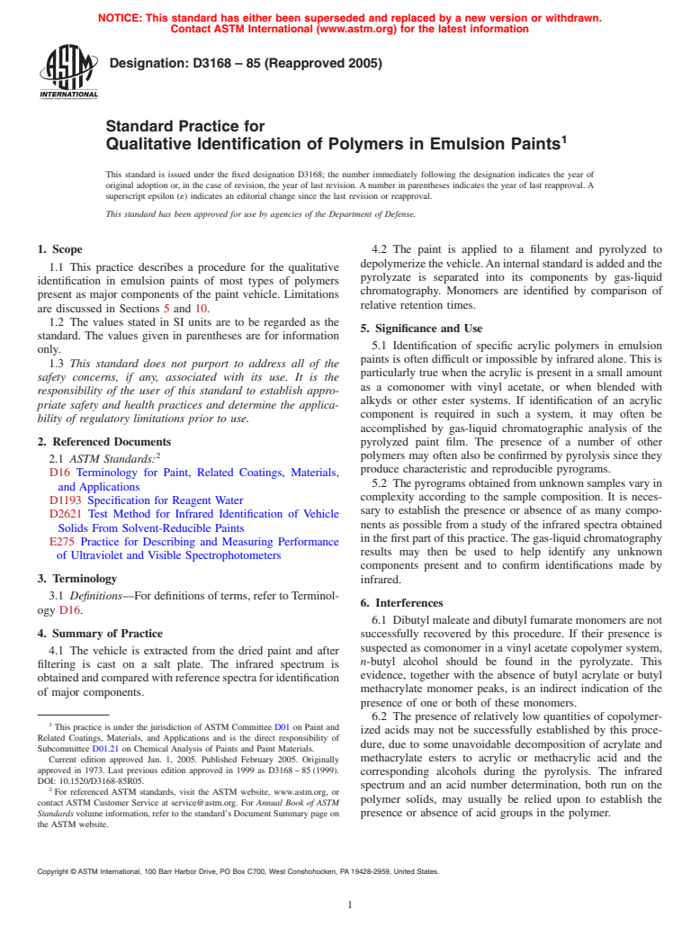 ASTM D3168-85(2005) - Standard Practice for Qualitative Identification of Polymers in Emulsion Paints