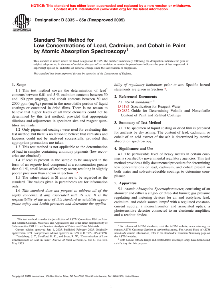 ASTM D3335-85a(2005) - Standard Test Method for Low Concentrations of Lead, Cadmium, and Cobalt in Paint by Atomic Absorption Spectroscopy