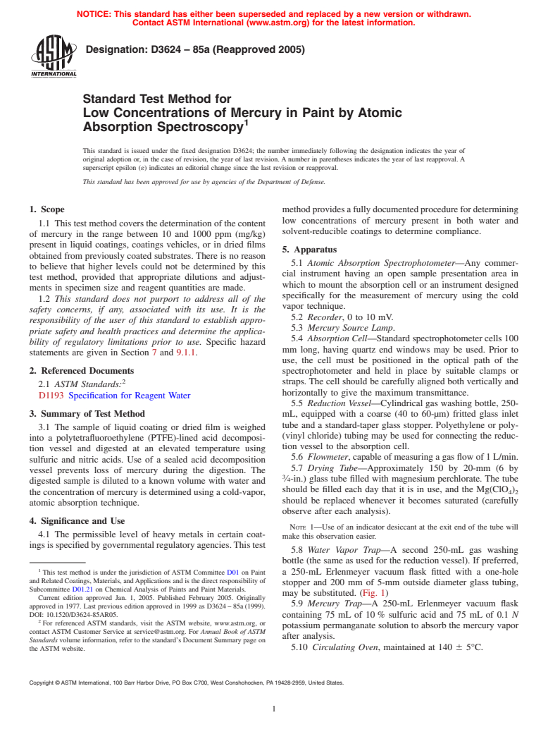 ASTM D3624-85a(2005) - Standard Test Method for Low Concentrations of Mercury in Paint by Atomic Absorption Spectroscopy