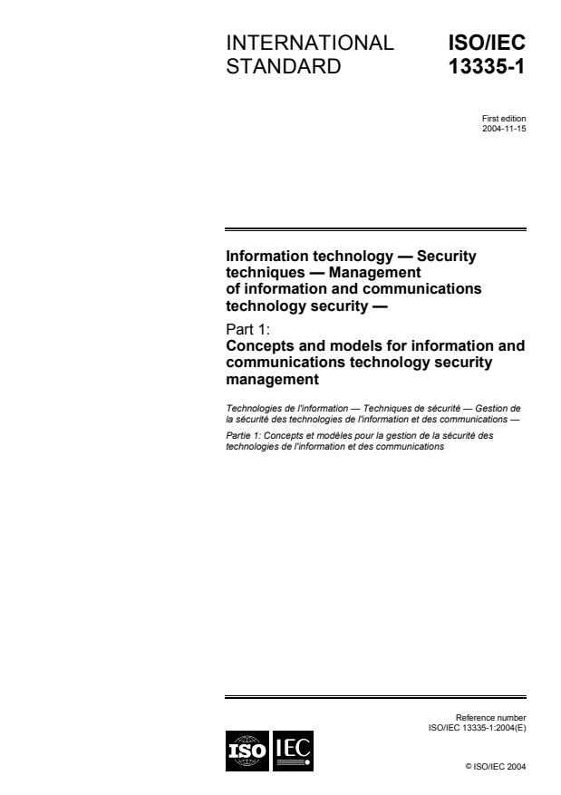 ISO/IEC 13335-1:2004 - Information technology -- Security techniques -- Management of information and communications technology security