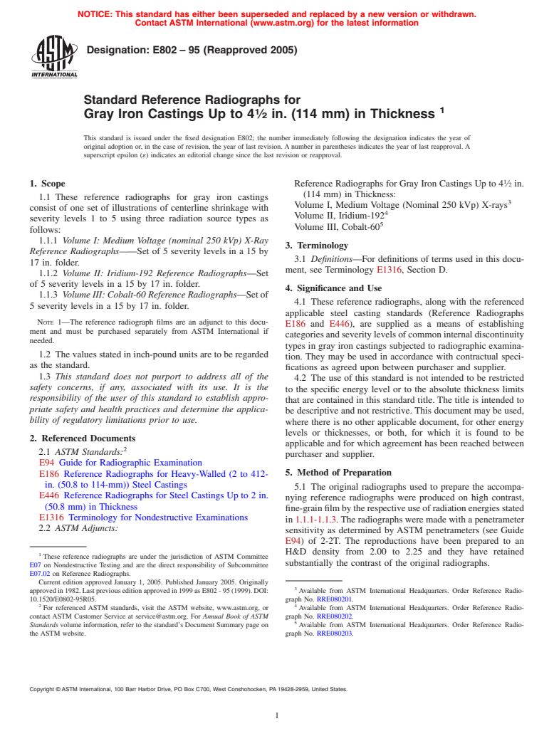 ASTM E802-95(2005) - Standard Reference Radiographs for Gray Iron Castings Up to 4 1/2 in. (114 mm) in Thickness