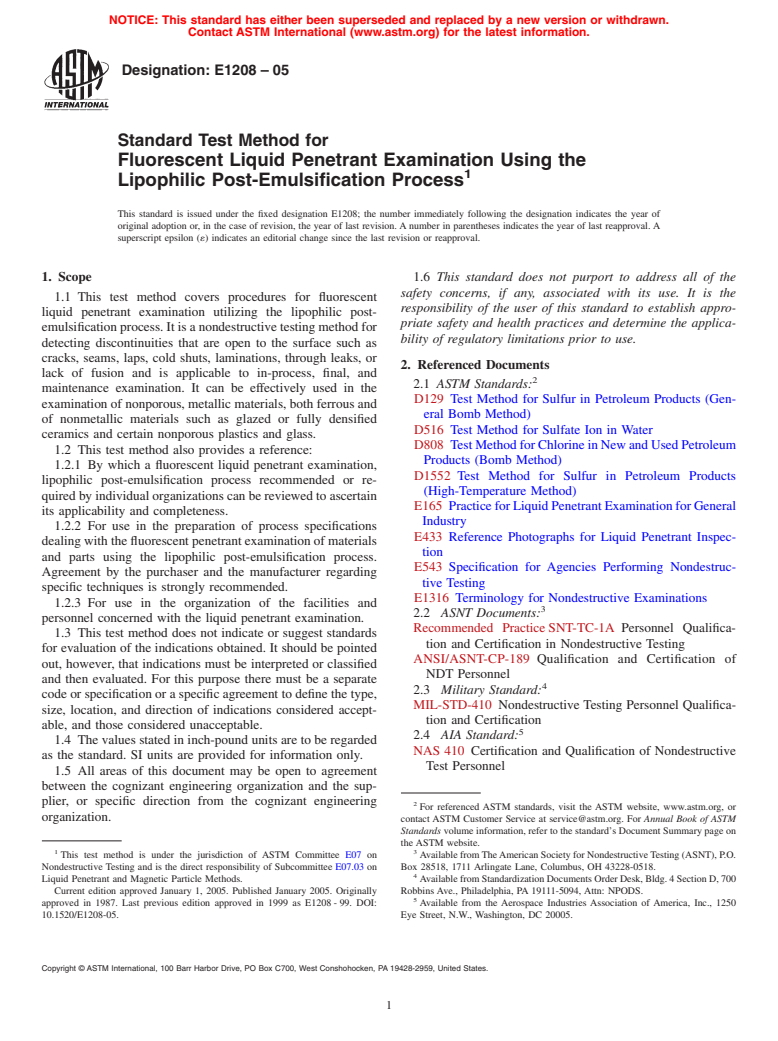 ASTM E1208-05 - Standard Test Method for Fluorescent Liquid Penetrant Examination Using the Lipophilic Post-Emulsification Process