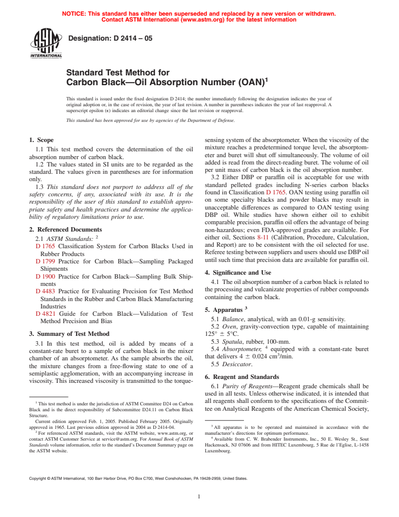 ASTM D2414-05 - Standard Test Method for Carbon Black&#8212;Oil Absorption Number (OAN)