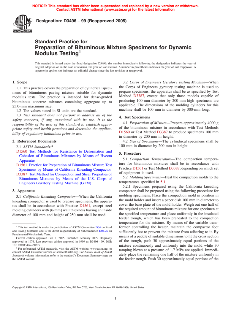 ASTM D3496-99(2005) - Standard Practice for Preparation of Bituminous Mixture Specimens for Dynamic Modulus Testing (Withdrawn 2010)