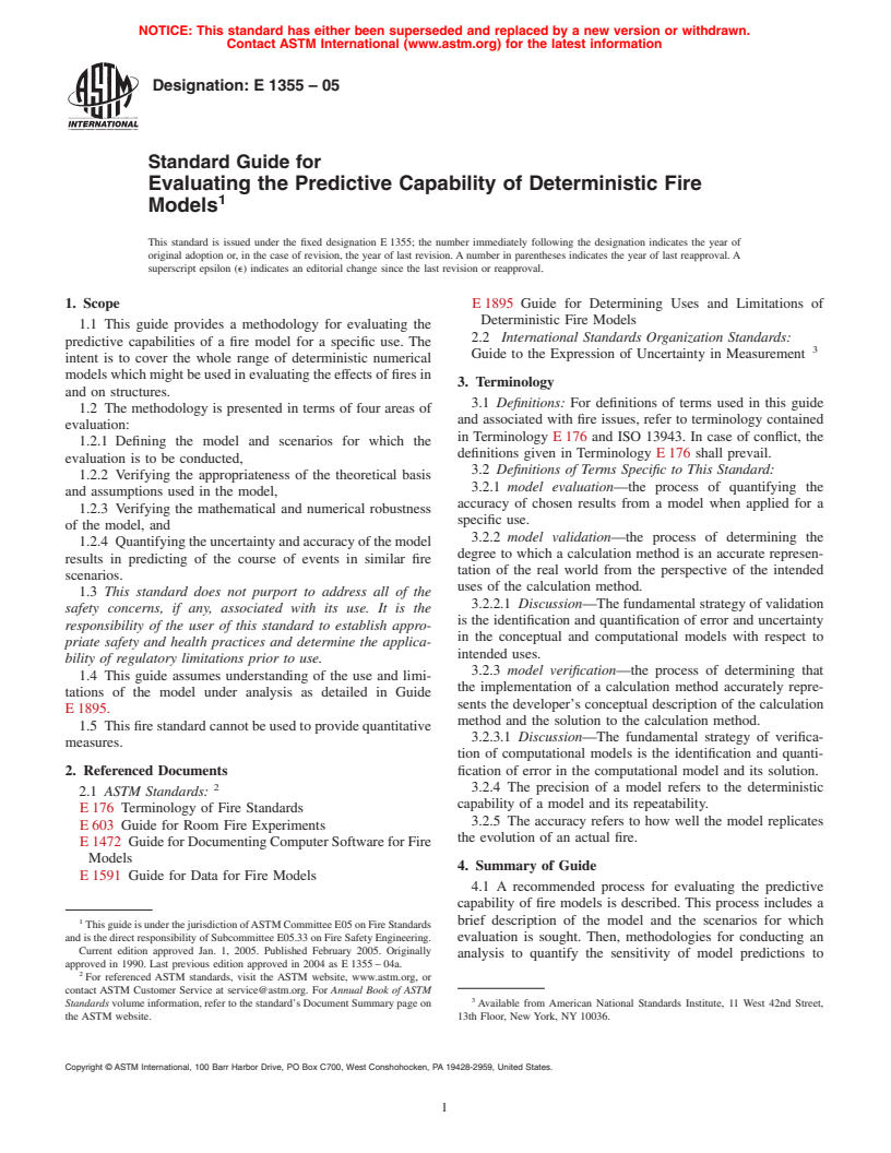 ASTM E1355-05 - Standard Guide for Evaluating the Predictive Capability of Deterministic Fire Models