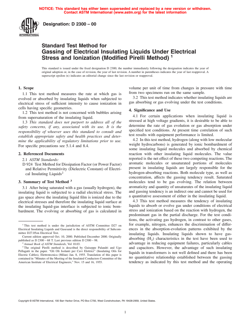 ASTM D2300-00 - Standard Test Method for Gassing of Insulating Liquids Under Electrical Stress and Ionization (Modified Pirelli Method)