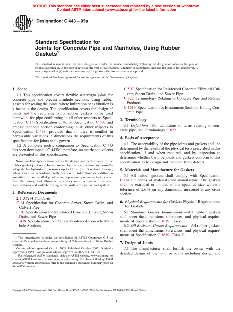 ASTM C443-05 - Standard Specification for Joints for Concrete Pipe and Manholes, Using Rubber Gaskets