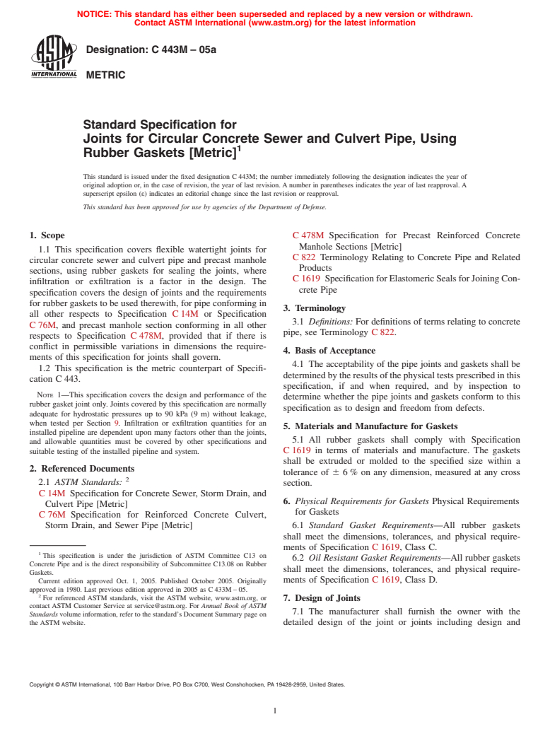 ASTM C443M-05 - Standard Specification for Joints for Concrete Pipe and Manholes, Using Rubber Gaskets (Metric)
