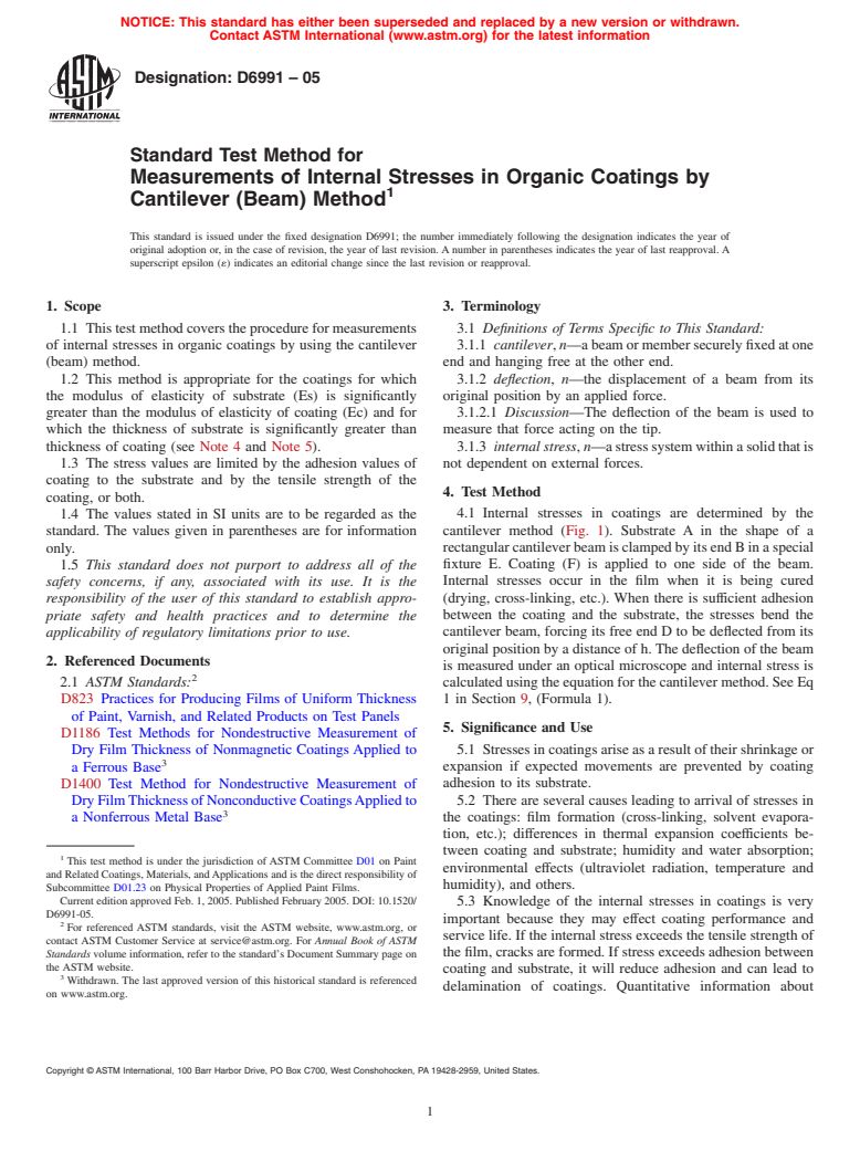 ASTM D6991-05 - Standard Test Method for Measurements of Internal Stresses in Organic Coatings by Cantilever (Beam) Method