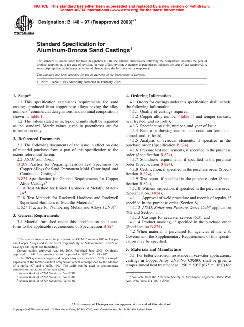 ASTM B148-97(2003)e1 - Standard Specification for Aluminum-Bronze Sand Castings