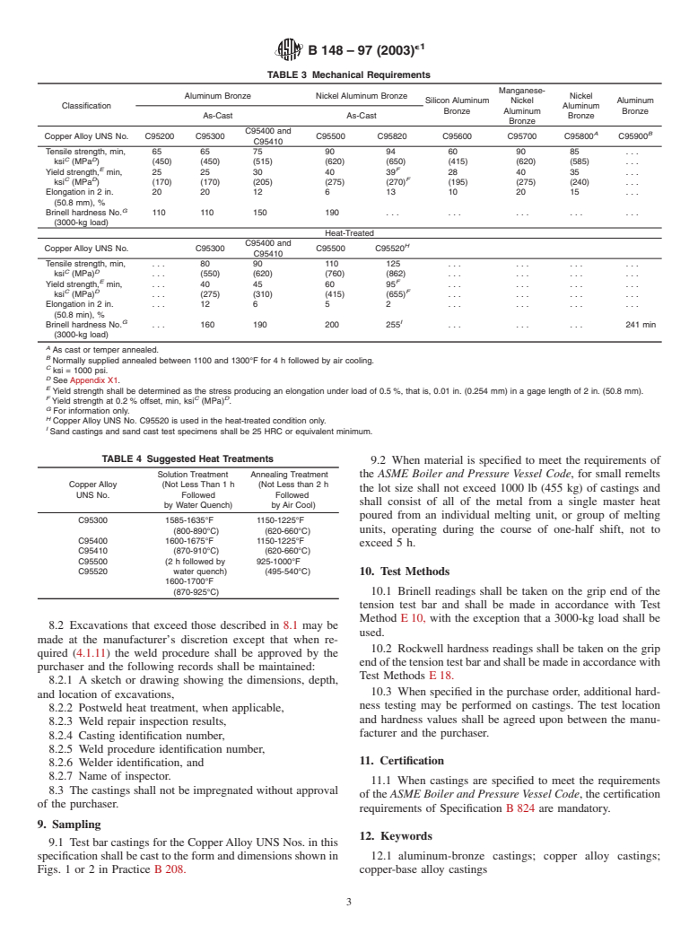 ASTM B148-97(2003)e1 - Standard Specification for Aluminum-Bronze Sand Castings