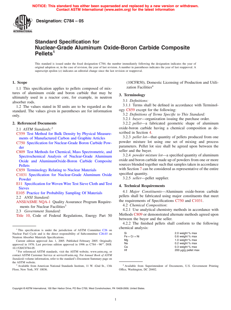 ASTM C784-05 - Standard Specification for  Nuclear-Grade Aluminum Oxide-Boron Carbide Composite Pellets