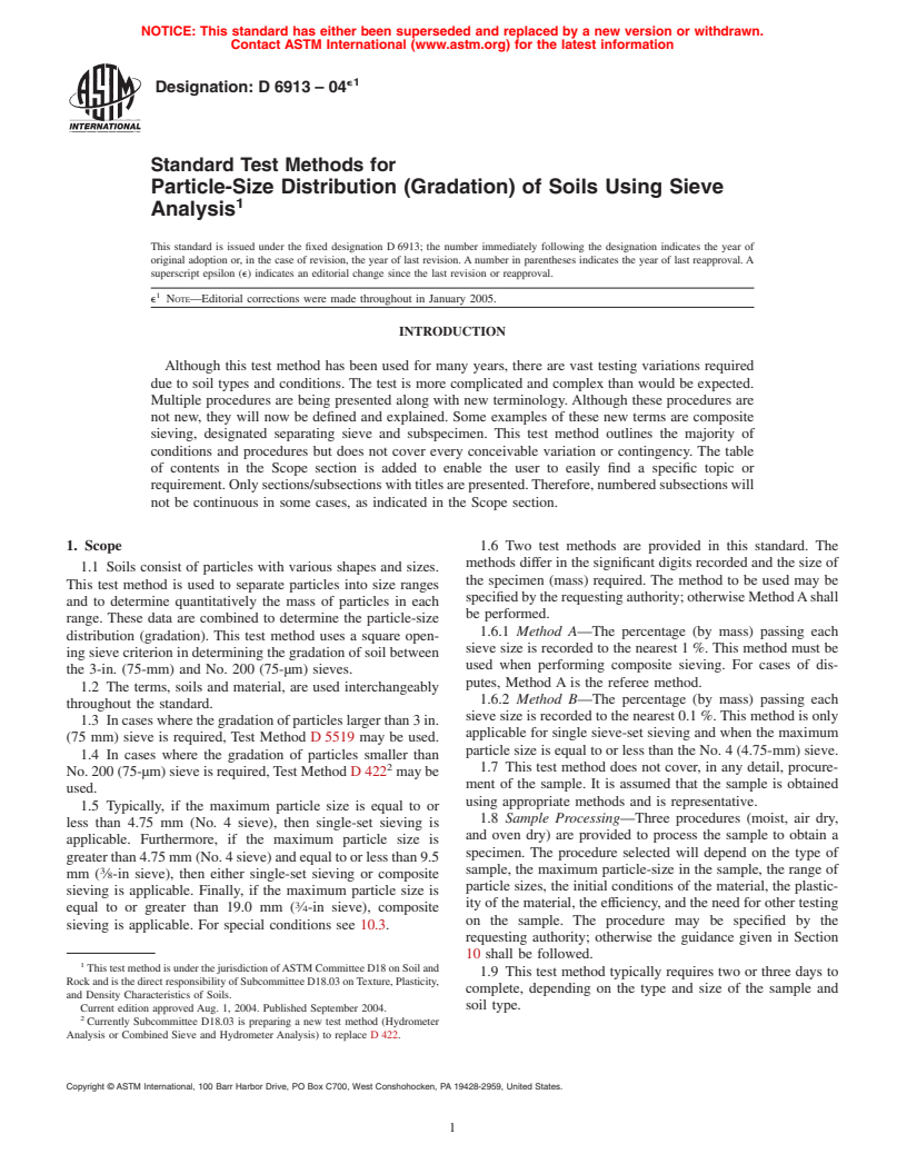 ASTM D6913-04e1 - Standard Test Methods for Particle-Size Distribution (Gradation) of Soils Using Sieve Analysis