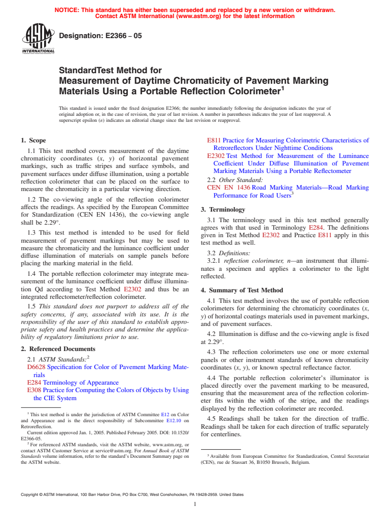 ASTM E2366-05 - Standard Test Method for Measurement of Daytime Chromaticity of Pavement Marking Materials Using a Portable Reflection Colorimeter (Withdrawn 2014)