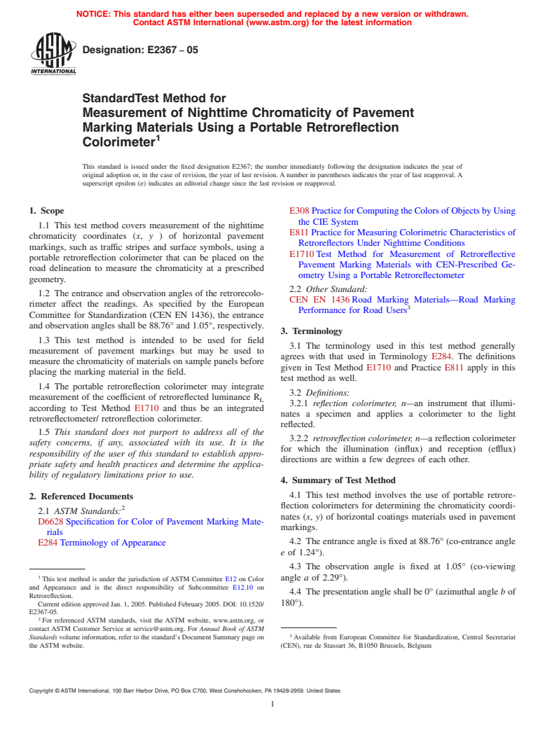 ASTM E2367-05 - Standard Test Method for Measurement of Nighttime Chromaticity of Pavement Marking Materials Using a Portable Retroreflection Colorimeter