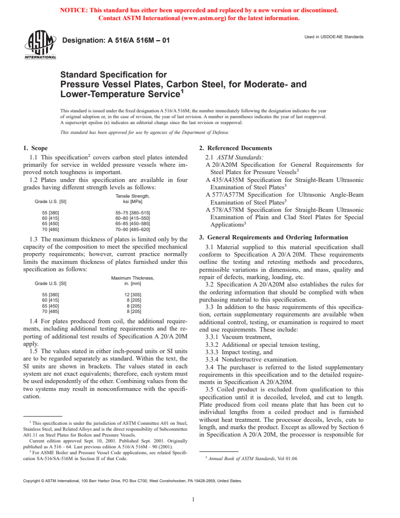 ASTM A516/A516M-01 - Standard Specification for Pressure Vessel Plates, Carbon Steel, for Moderate- and Lower-Temperature Service