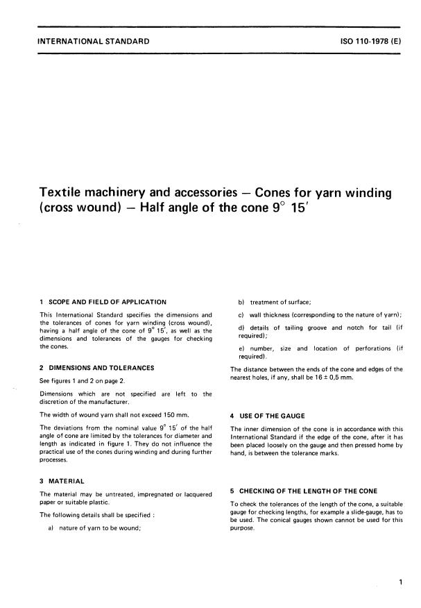 ISO 110:1978 - Textile machinery and accessories -- Cones for yarn winding (cross wound) -- Half angle of the cone 9 degrees 15'