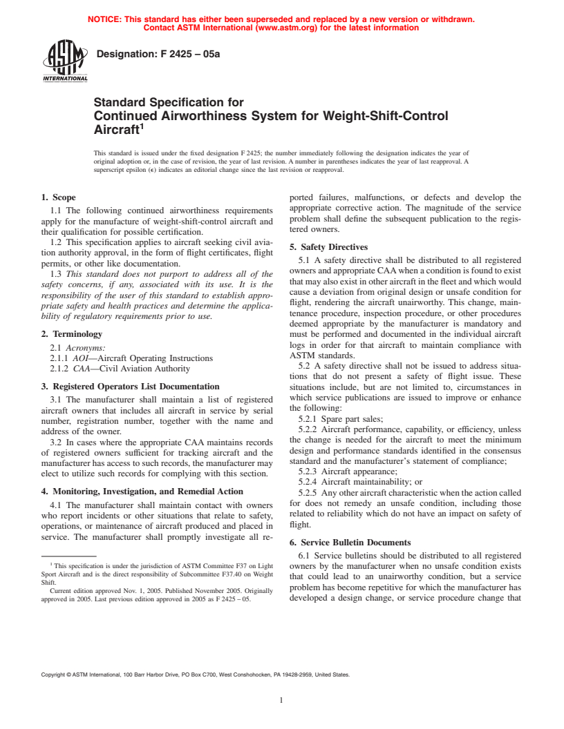 ASTM F2425-05 - Standard Specification for Continued Airworthiness System for Weight-Shift-Control Aircraft