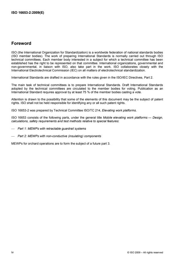 ISO 16653-2:2009 ISO 16653-2:2009 - Mobile elevating work platforms -- Design, calculations, safety requirements and test methods relative to special features - Page 4 preview