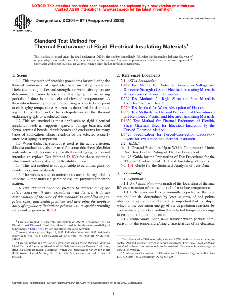 ASTM D2304-97(2002) - Standard Test Method for Thermal Endurance of Rigid Electrical Insulating Materials