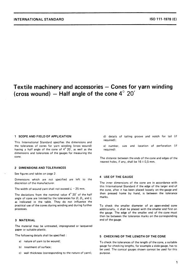 ISO 111:1978 - Textile machinery and accessories -- Cones for yarn winding (cross wound) -- Half angle of the cone 4 degrees 20'