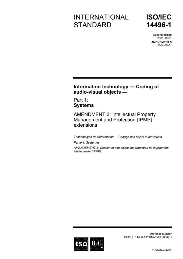 ISO/IEC 14496-1:2001/Amd 3:2004 - Intellectual Property Management and Protection (IPMP) extensions