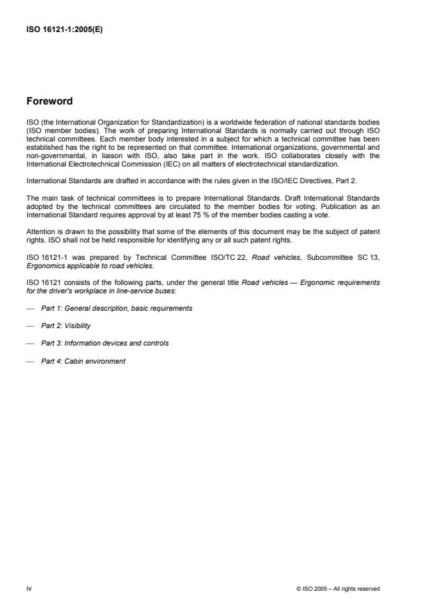 ISO 16121-1:2005 ISO 16121-1:2005 - Road vehicles -- Ergonomic requirements for the driver's workplace in line-service buses - Page 4 preview